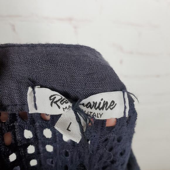 Rosemarine Italian Linen Dress Size L Navy Blue Sleeveless Crochet Shift Ruffle - Picture 7 of 12